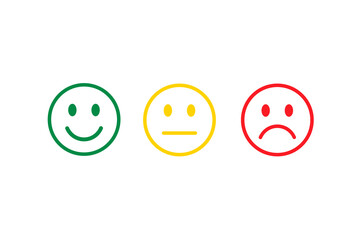 Modern emoji smile face. Happy, neutral and sad unhappy. Emoticon set icons, happy, neutral, unhappy sad. Green, yellow and red color. - obrazy, fototapety, plakaty