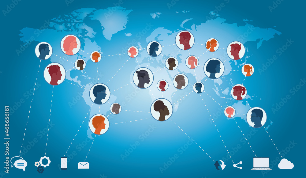 Poster Communication global networking concept.Group of business people or friends who are connected in the network. Various international people connected online.World map on blue background