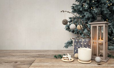 Light wall mockup with a cup, the Christmas tree and a wood table, 3d render, Christmas inspiration
