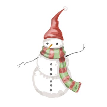 Watercolor Snowman With Red Riding Hood And Scarf. Isolated Picture On A White Background