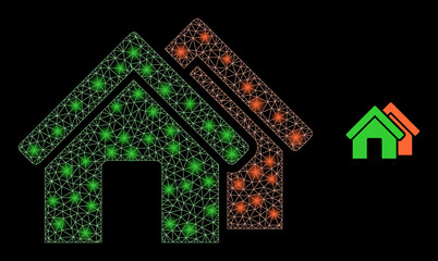 Glossy polygonal mesh web houses icon with glare effect on a black background. Network houses iconic vector with glowing spheres in magic colors. Abstract 2d mesh built from polygonal grid,