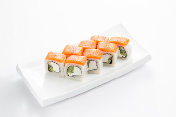 Japanese food, tasty of meal for lunch. Seafood. Philadelphia roll, salmon, soft cheese and kiwi