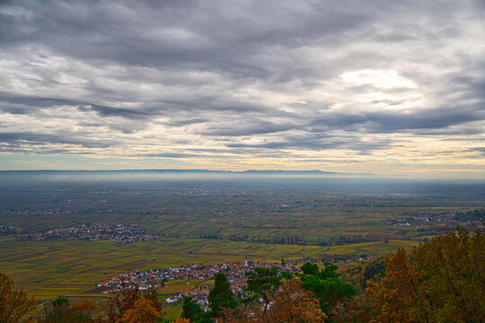 breathtaking view from the palatinate forest over the rhine plain to the northern black forest in autumn with great clouds