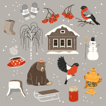 Russian winter, vector set. bullfinch, rowan, valenki, ushanka hat, snowman, samovar, varenye, birch, cup of tea, bear and country house