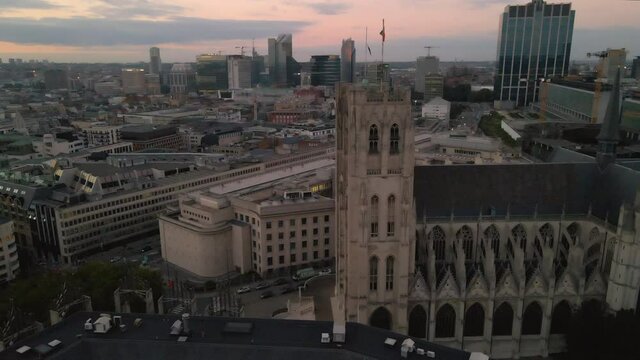 Aerial of Brussels Cathedral and Business District 