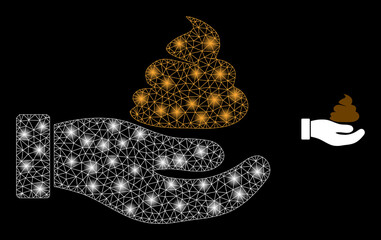 Glossy polygonal mesh net shit hand icon with glare effect on a black background. Carcass shit hand iconic vector with glitter dots in vibrant colors.
