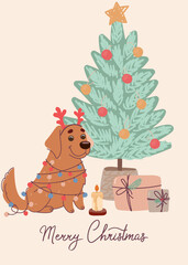 Funny dog labrador on christmas card. Vector greeting card in flat style