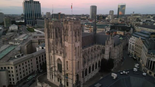 Aerial of Brussels Cathedral with surrounding buildings