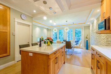 Modern, bright, clean, kitchen interior with stainless steel appliances in a luxury house