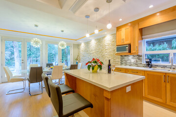 Modern, bright, clean, kitchen interior with stainless steel appliances in a luxury house