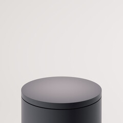 Black color cylindrical  podium, light gray background. Mock up pedestal design for display case,  showcase, shopfront. 3d render illustration.