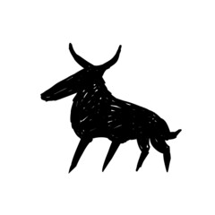 Primitive art. Silhouette of deer or bull. Stone Age tribal mural print