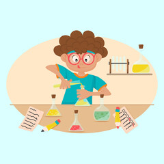 KId doing chemical experiment. Home experiments illustration.