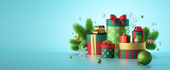 Christmas banner with gift boxes, green spruce and festive ornaments, isolated on mint blue background. New Year wallpaper. 3d illustration
