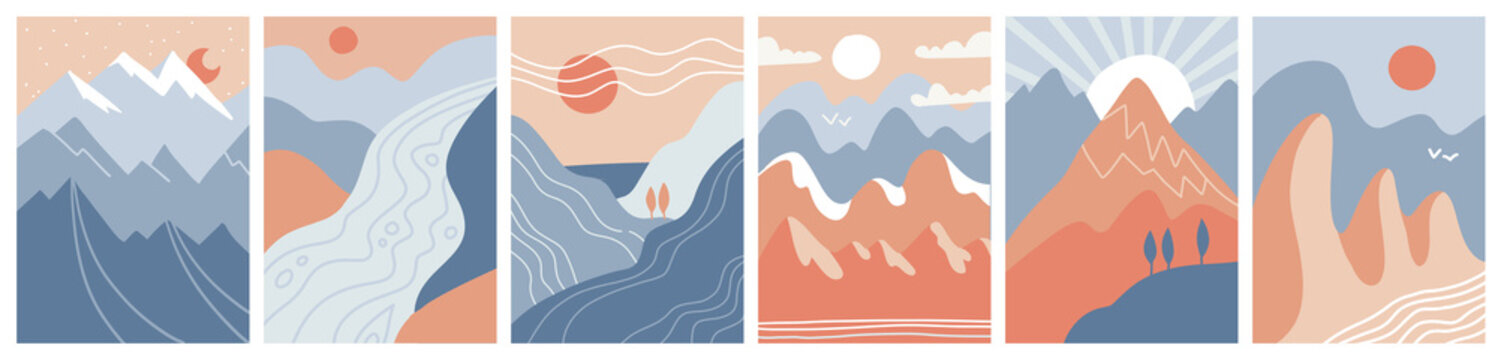 Set of vectical abstract landscapes. Sun, Moon, mountains, clouds, rivers and plants elements. Asian design. Layouts for social networks, ads, banners, posters. Flat hand drawn vector illustration