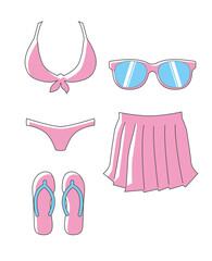 女性用水着ビキニ　サングラスのアイコン　イラストセット　主線夏のイメージのシンプルで可愛いイラスト　アイコン