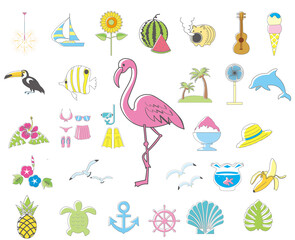 夏のイメージのシンプルで可愛いイラストセット主線　ヨット　イルカ　カモメ　ウミガメ　朝顔　アイコン