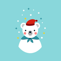 Cute little polar bear in red hat. Cartoon vector illustration on blue background
