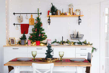 Loft style Interior white kitchen with christmas decor, xmas