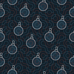 Geometric seamless vector pattern with white Christmas balls on blue textured background. Creative line Truchet illustration design for wrapping paper, greeting cards and web backgrounds.