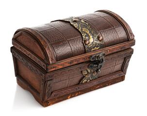 Vintage wood treasure box have lock beside isolated on white background