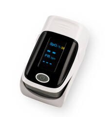 Pulse oximeter used to measure heart rate and oxygen level on a white background
