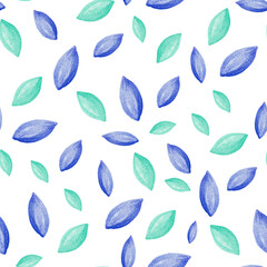 Seamless pattern with hand-drawn watercolor blue leaves on white. Abstract background. For textile, print, etc.
