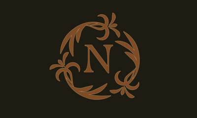 Decorative floral pattern. Luxurious elegant frame and the letter N in the center. Heraldic symbols. Exclusive calligraphic design elements identical to business sign, identity for hotel, restaurant, 