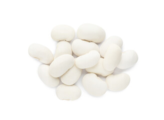 Fototapeta na wymiar Pile of uncooked navy beans on white background, top view