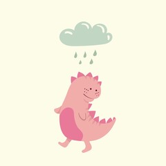 Pink dinosaur and cloud. Pink dinosaur. Vector illustration