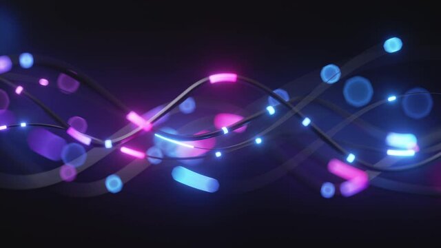 3d looping animation, abstract technology background with moving bokeh lights, internet connection speed concept. big data transfer