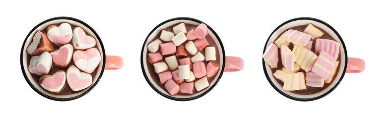 Set with cups of delicious hot chocolate on white background, top view. Banner design