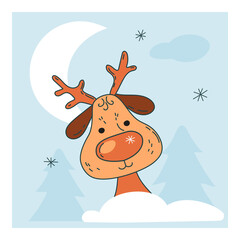 Funny Christmas deer. Winter card. Vector, isolated.