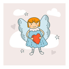 Christmas angel girl, holding a heart in her hands. Winter card.