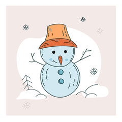 Cute and funny snowman in a hat. Winter card.