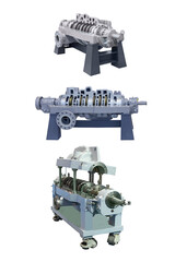 three multistage pumps with a longitudinal section of the casing isolated on white background