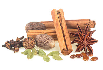 Various spices. Traditional Christmas spices - cinnamon sticks, star anise, cloves, nutmeg and cardamom pods isolated on a white background. - Powered by Adobe