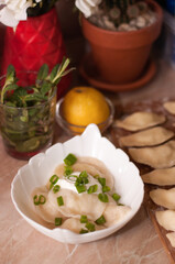 dumplings with potatoes, sour cream and green onions in a white plate