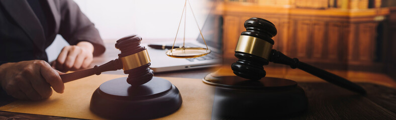 Business and lawyers discussing contract papers with brass scale on desk in office. Law, legal services, advice, justice and law concept picture with film grain effect