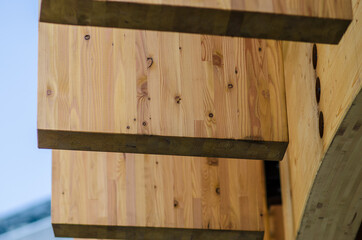 wooden structures: Glulam, structural panel details on a modern building. Also used as a sunshade.
