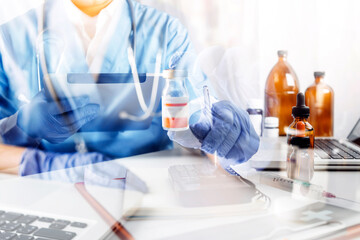 Medicine doctor team meeting and analysis. Diagnose checking brain testing result with modern virtual screen interface on laptop with stethoscope in hand, Medical technology network connection concept