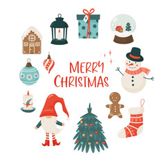 Christmas and New Year collection of seasonal elements in circular shape. Hand drawn vector illustration