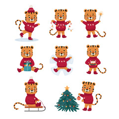 Cute striped tiger character is skating, decorating the Christmas tree, making a snow angel, sledding. New Year illustrations vector set