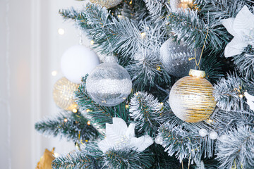 Closeup Christmas tree background, selective focus, high key