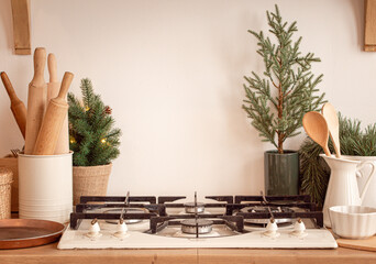 Christmas kitchen stove with cooking tools copy space