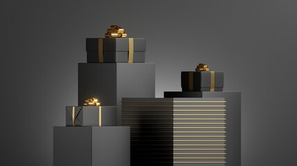 3d render, abstract festive background. Stack of black gift boxes with golden ribbon bows. Showcase scene with empty stage podium for product presentation. Black friday concept