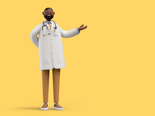Fototapeta 3d render. African cartoon character doctor makes presentation. Clip art isolated on yellow background. Professional medical advice and recommendation obraz
