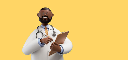 3d render. Happy doctor toy, african cartoon character holds clipboard and looks at camera. Clip art isolated on yellow background. Professional consultation. Medical concept - obrazy, fototapety, plakaty