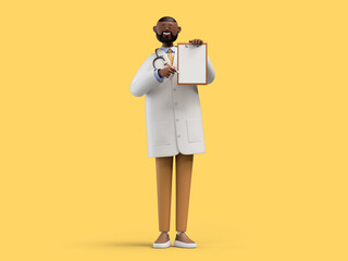 3d render. African cartoon character doctor shows clipboard with blank paper. Clip art isolated on yellow background. Medical insurance professional recommendation - obrazy, fototapety, plakaty