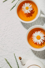 top view of delicious herbal tea on concrete background 